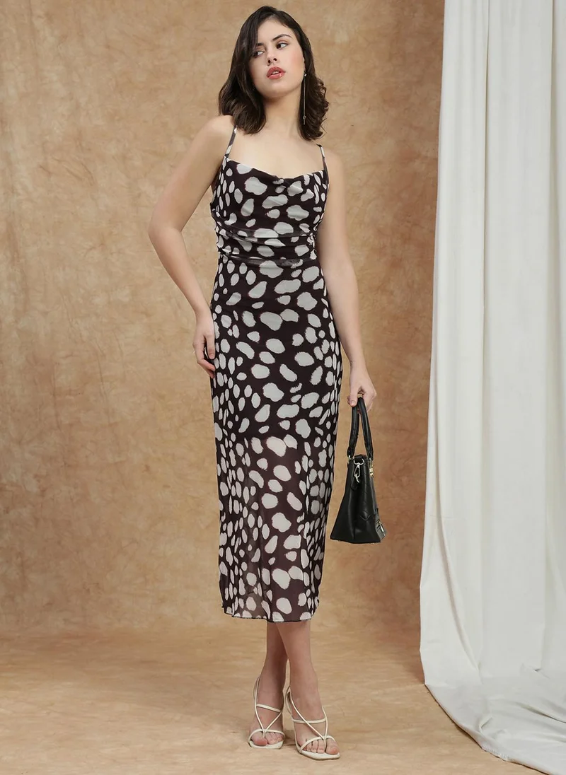 globus Globus Women Brown Cowl Neck Shoulder Straps Animal Print Back Tie-Up Detail Midi Bodycon Party Dress